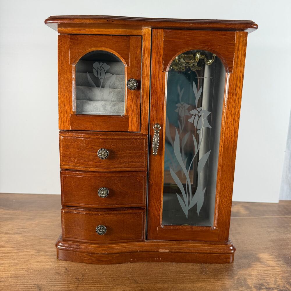 Vintage Solid Wood Faux Multi Drawer Jewelry Box Divided Top Mirror Chest